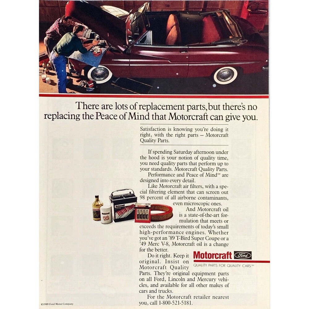 Motorcraft Replacements Parts "Original Equipment on all Fords"Vtg Print Ad 1989